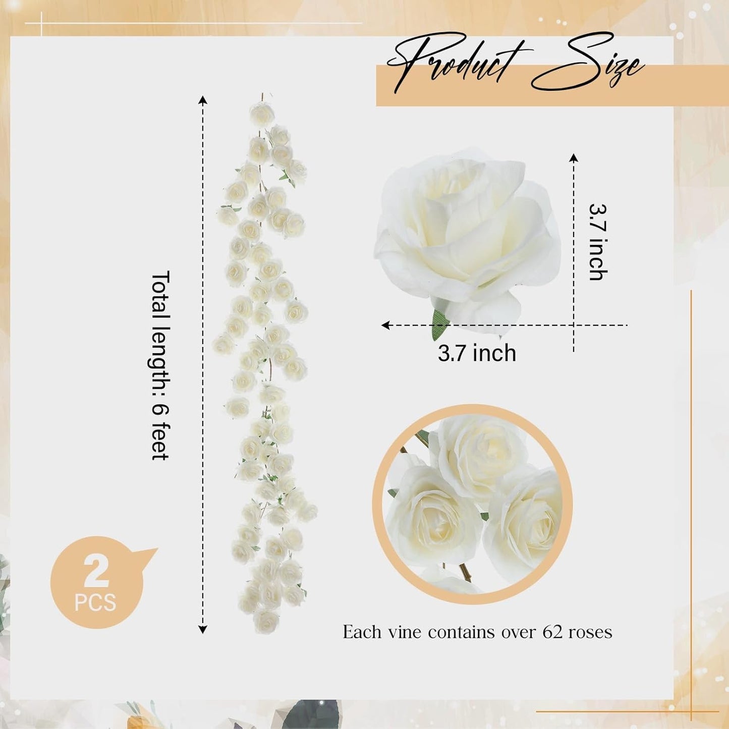 2 Pcs White Artificial Rose Vine Hanging Fake Flowers Garland for Wedding Anniversary Birthday Party Background Arch Garden Home Wall Room Decor