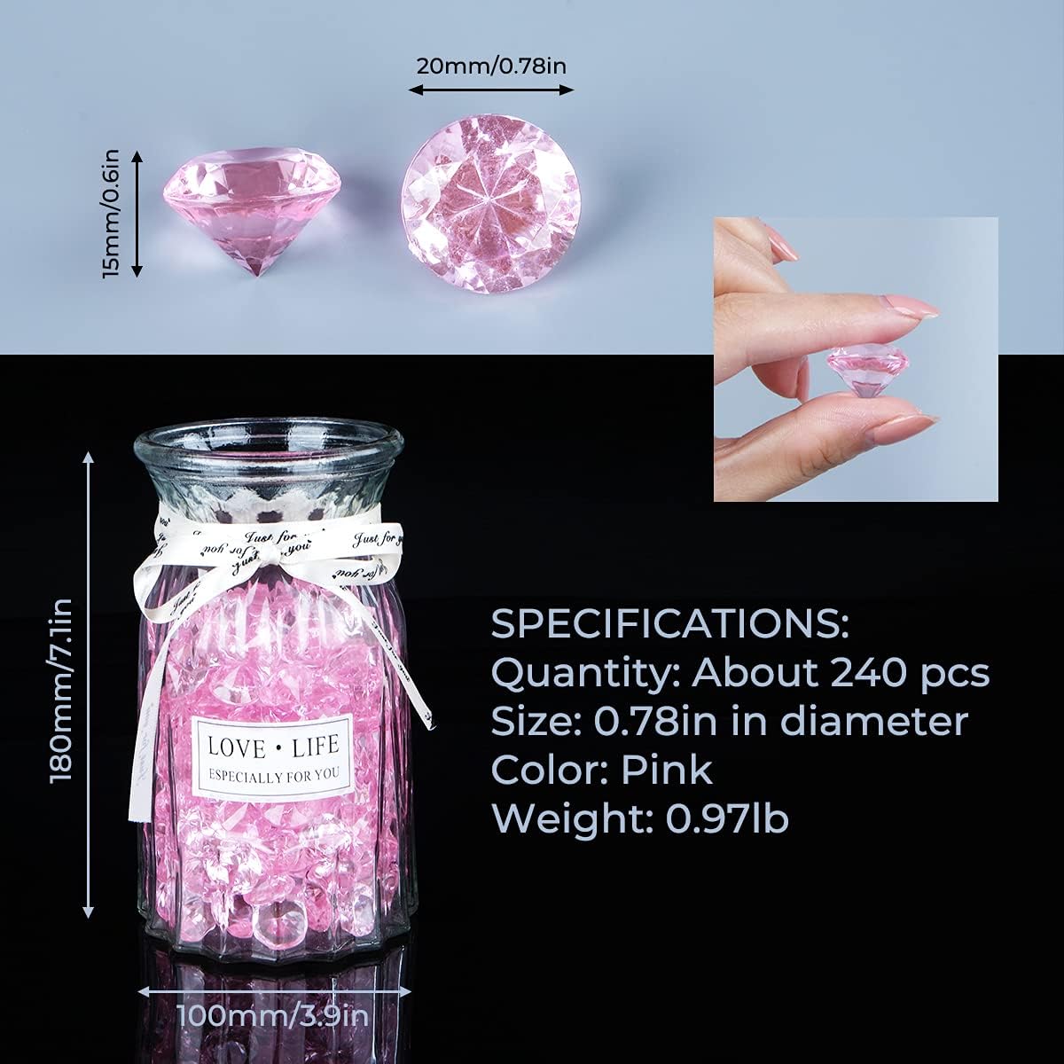 Acrylic Diamond Fake Gems Vase Filler, Babenest 240pcs 3/4 Inch Faux Diamonds Crystals Jewels for Table Scatters Wedding Party Event Arts & Crafts Birthday Decoration Favor (Pink)