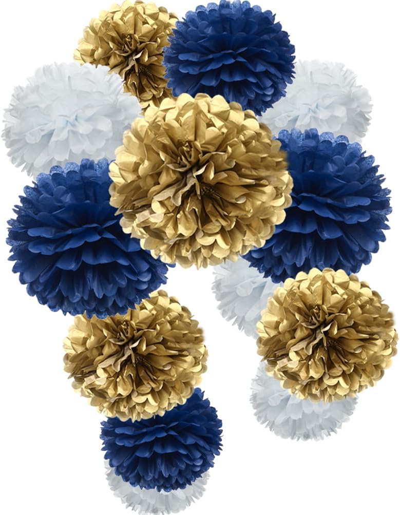 Gold Royal Blue and White Paper Flower Tissue Pom Poms for Birthday Baby Shower Graduation Bachelor Retirement Theme Party, 12pc