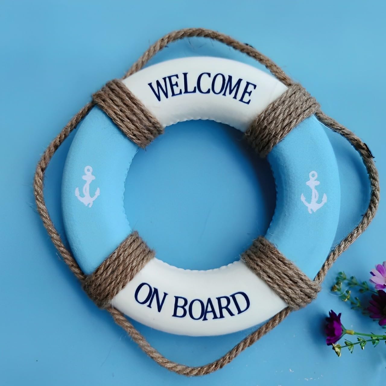 MorroMorn Lifebuoy Wall Hanging Decor - Welcome Aboard Mediterranean Style Home Decoration Hemp Rope (Blue, 20")