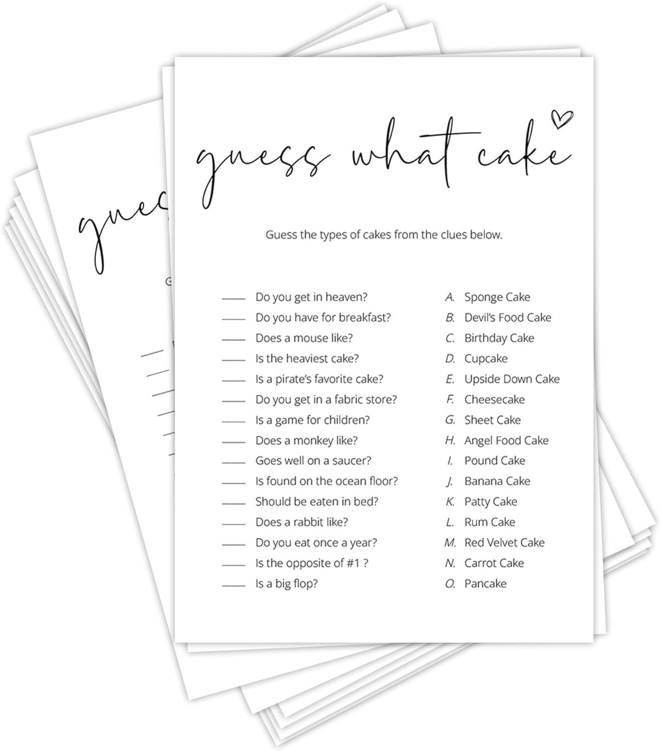 Bridal Shower Games, What Cake, 25Pcs Minimalist White Double-Sided Bridal Game Cards with 1 Answer Key, Wedding Shower Games for Guests, Engagement Bachelorette Party Supplies - A03