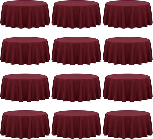 Fani 12 Pack 90 Inch Round Burgundy Polyester Tablecloths for Round Table, Wedding Party, Dining Table, Buffet, Banquet, Restaurant, Camping