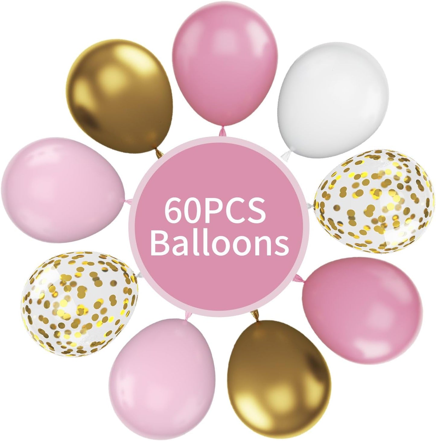 FunHot Pink and Gold Balloons, 60Pcs Retro Pink White Balloons, 12 Inch Metallic Gold Confetti Balloons Helium Light Pink Latex Party Balloons for Girls Baby Shower Birthday Princess Party Decorations