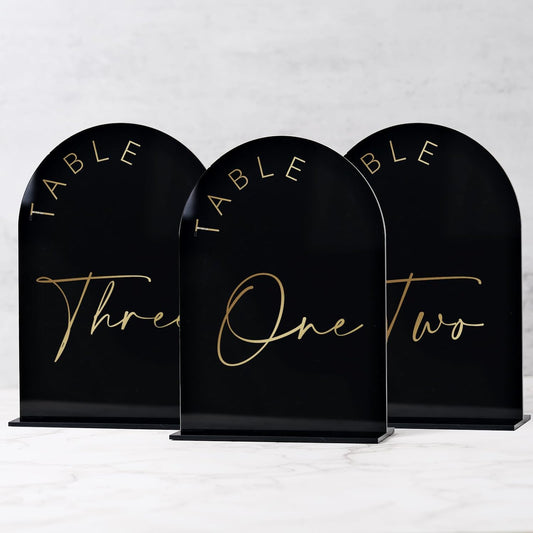 Black Arched Wedding Table Numbers 1-10 with Stands, 5x7 Inch Black Arch Acrylic Sign with Gold Letters, Acrylic Table Numbers for Wedding Reception