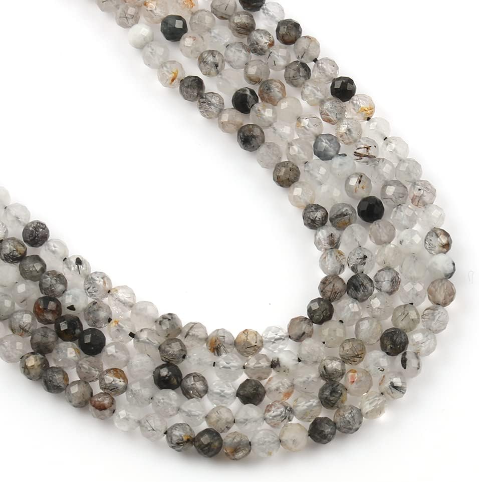 Song Xi 90pcs 4mm Natural Black Rutilated Quartz Gemstone Beads Faceted Round Loose Stone Beads for Jewelry Making