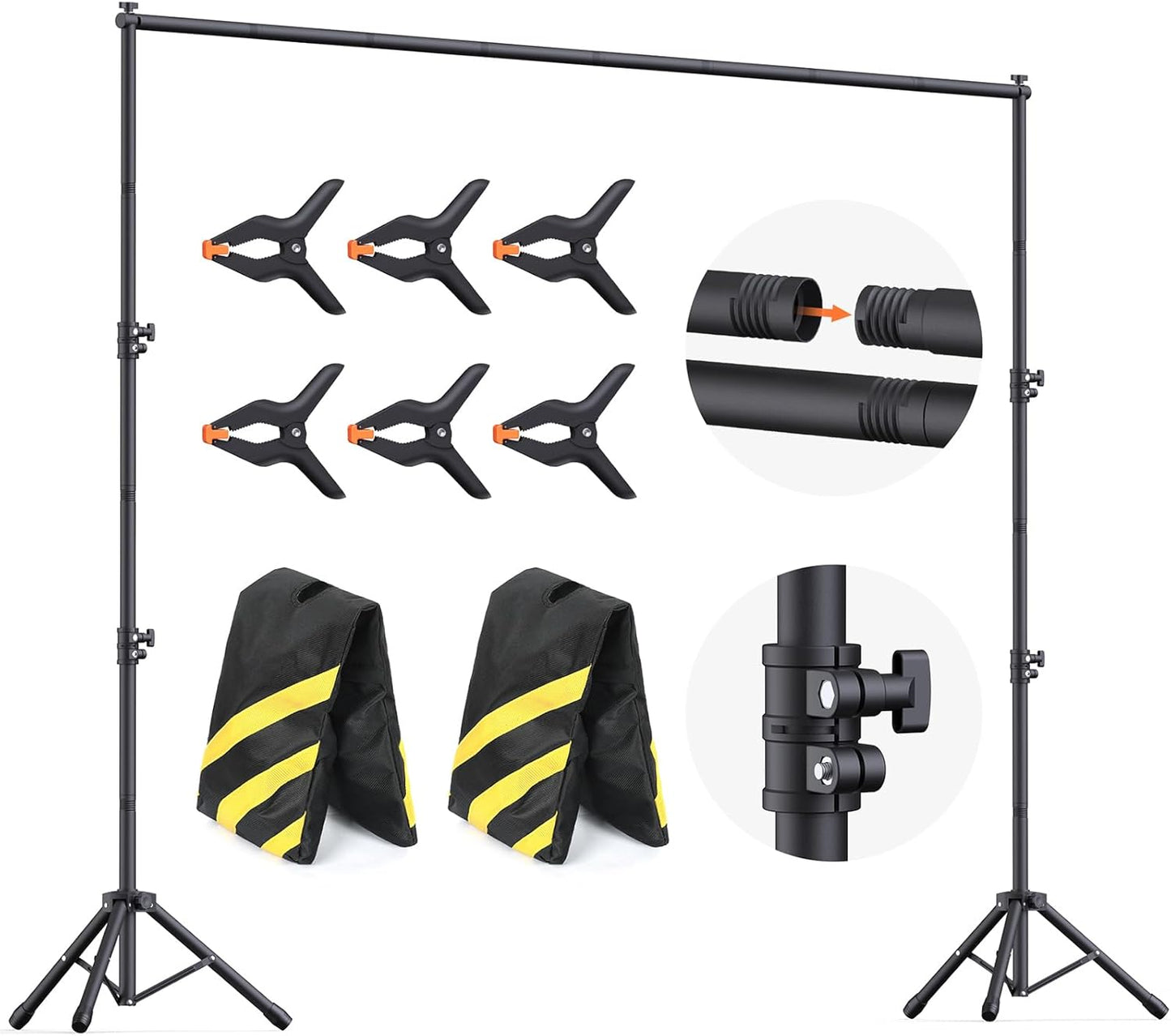 Backdrop Stand 10x7.5ft (WxH), Photo Back Drop Stand for Party, Heavy Duty Background Stand Kit with 6 Clamps and 2 Sandbags