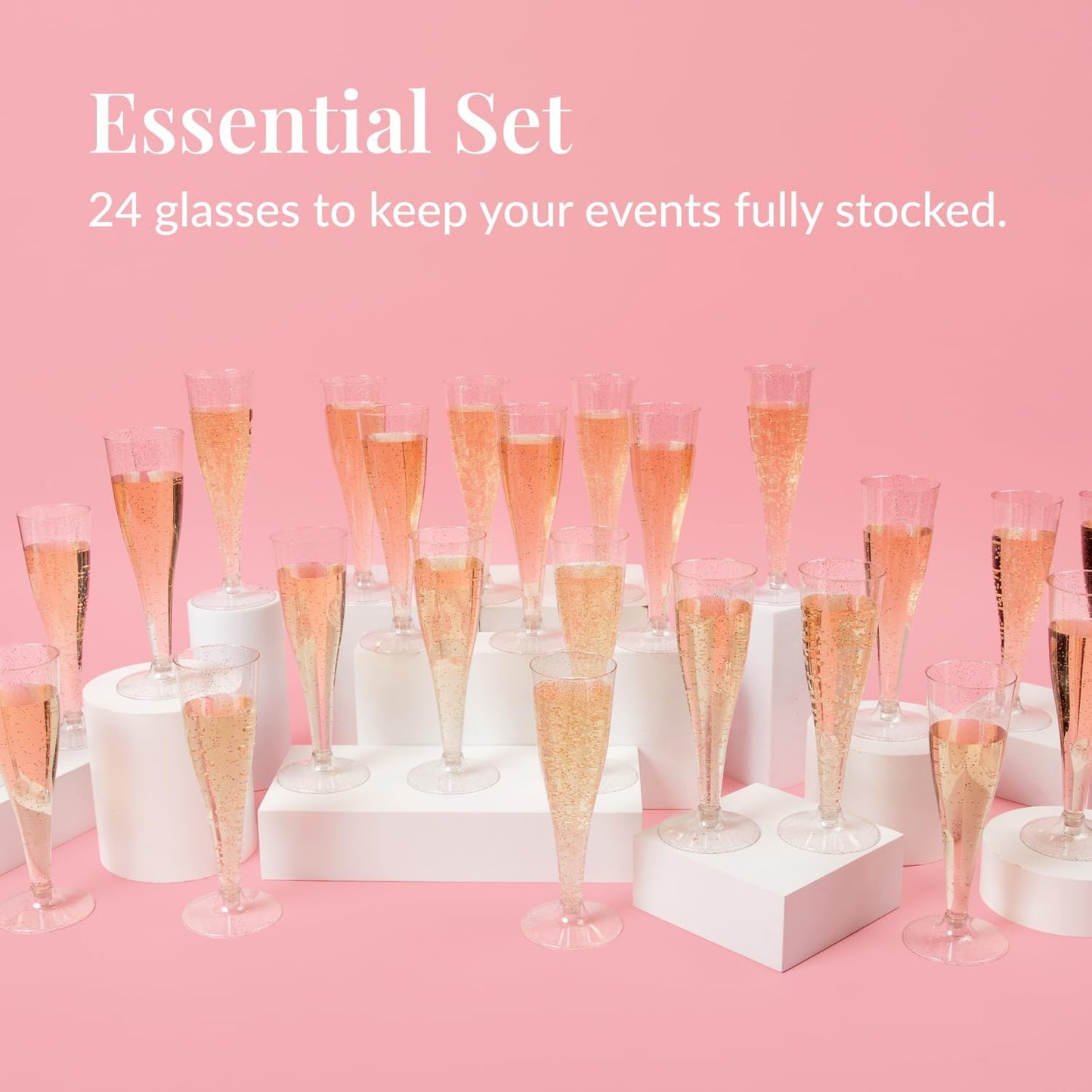 Prestee 24 Piece Plastic Champagne Flutes - 4.5 oz Plastic Wine Glasses with Rose Gold Glitter - Cocktail Glasses for Parties - Party Supplies for Mimosa Bar, Wedding, Shower Party and New Years Eve