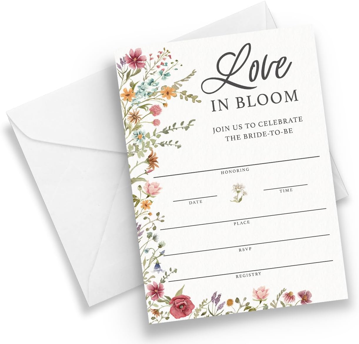 Printed Party Bridal Shower Invitations and Envelopes, Wildflower Theme, Love In Bloom Design, Set of 30