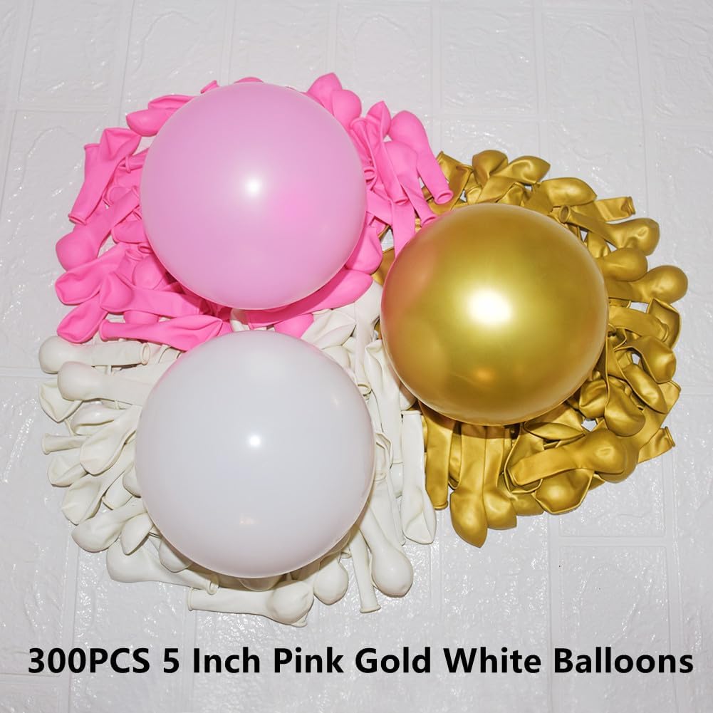 300 Pcs Pink Gold White Balloons 5 Inch Pink White and Metallic Gold Assorted Colors Latex Small Balloon for Valentine's Day Baby Shower Birthday Bridal Shower Wedding Party Decorations