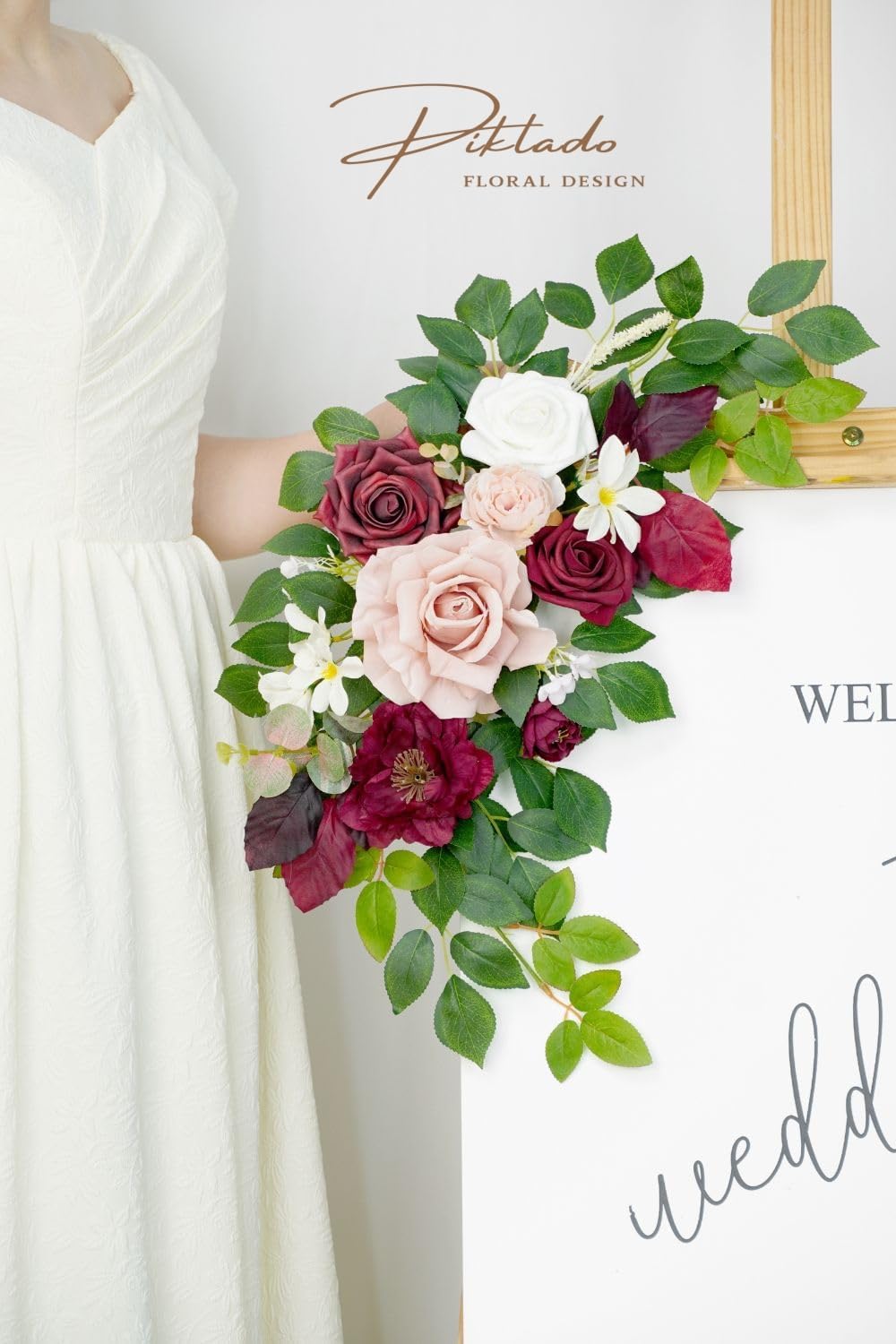 Wedding Decor (Pack of 2) Welcome Sign Flower Backdrop Garland for Ceremony Reception Wall Easel Home Decoration Entryway Faux Outdoor Board Head Table Decor (Burgundy & Dusty Rose)