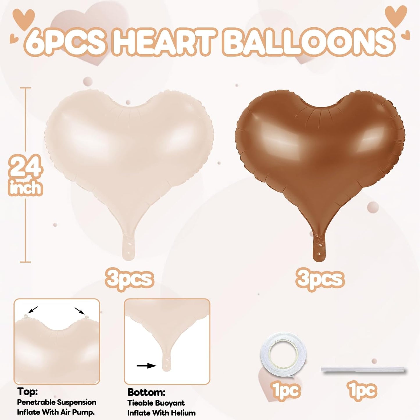 24 Inch Beige Brown Heart Balloons, Coffee Apricot Heart Shaped Foil Balloons, Boho Helium Balloon for Valentines Day Bridal Shower Wedding Nude Neutral Boho Birthday Party Supplies