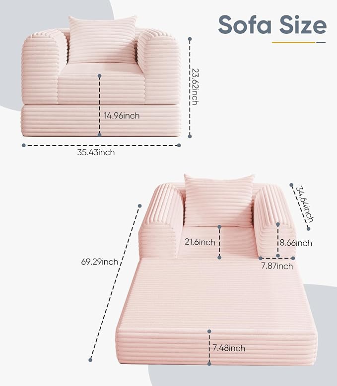 SYFERLORY Versatile 2 in1 Pink Armchair Accent Chair Couch Convertible Boneless - Image 2
