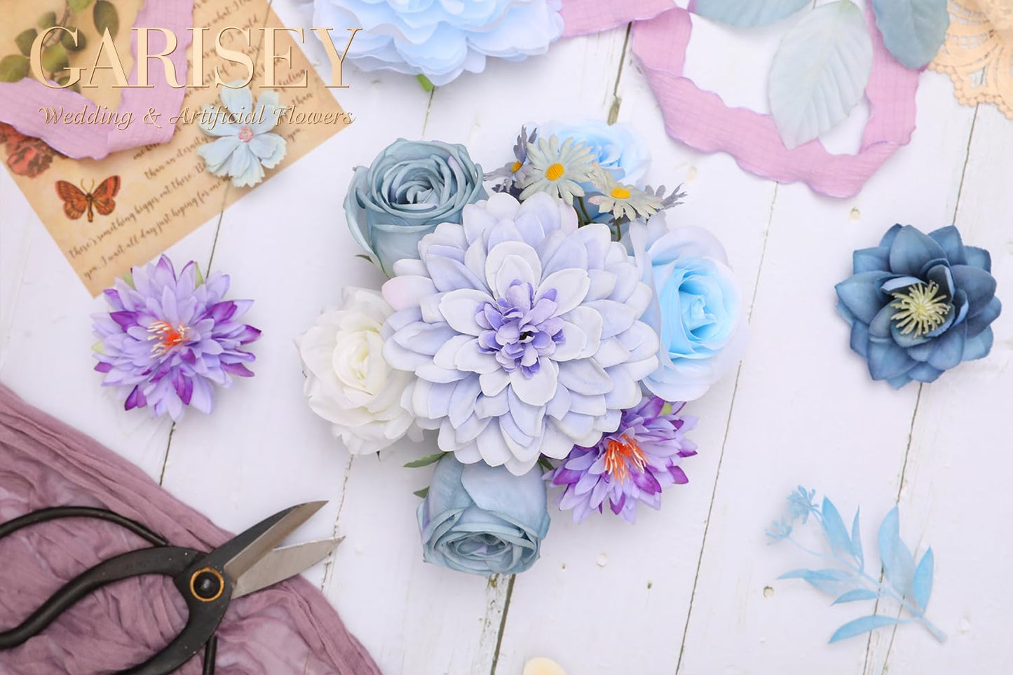 Artificial Flowers Combo, Mix Silk Flowers Roses, Peonies, Dahlias with Stems for DIY Wedding Bridal Bouquets, Baby Shower, Table Centerpieces, Home Decor, Fake Floral Arrangements-Blue&purple