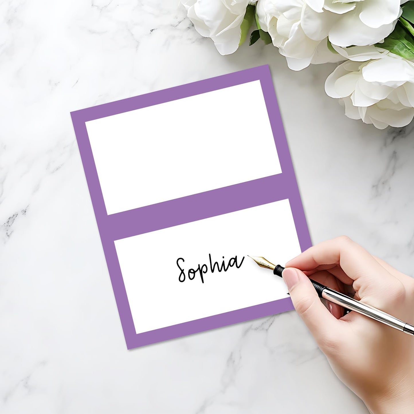 25 Pack Purple Border Place Cards, Editable Name Cards for Table Setting, Tent Cards Food Label for Dinner Party, Bridal Shower, Wedding, Baby Shower and Events -T24
