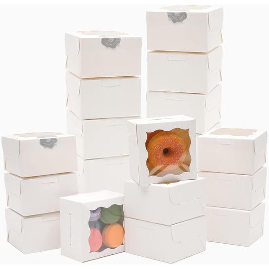 Bakepacker White Bakery Boxes with Window - 4x4x2.5 inches Small Size Pastry & Mini Cookie Boxes for Bakeries - Thick & Sturdy (100 Packs)