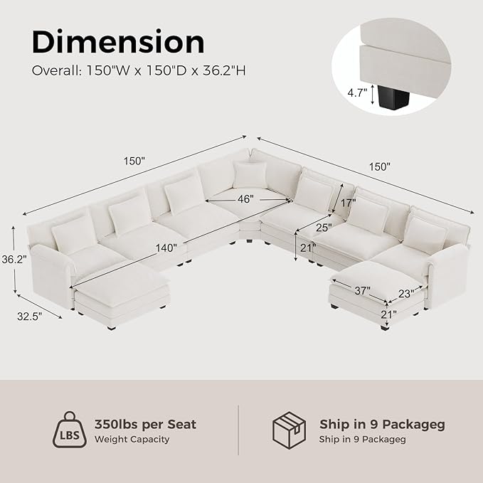 ELUCHANG 150" Oversized V-Shaped Cloud Couch Modular Sectional Sofa - Image 2