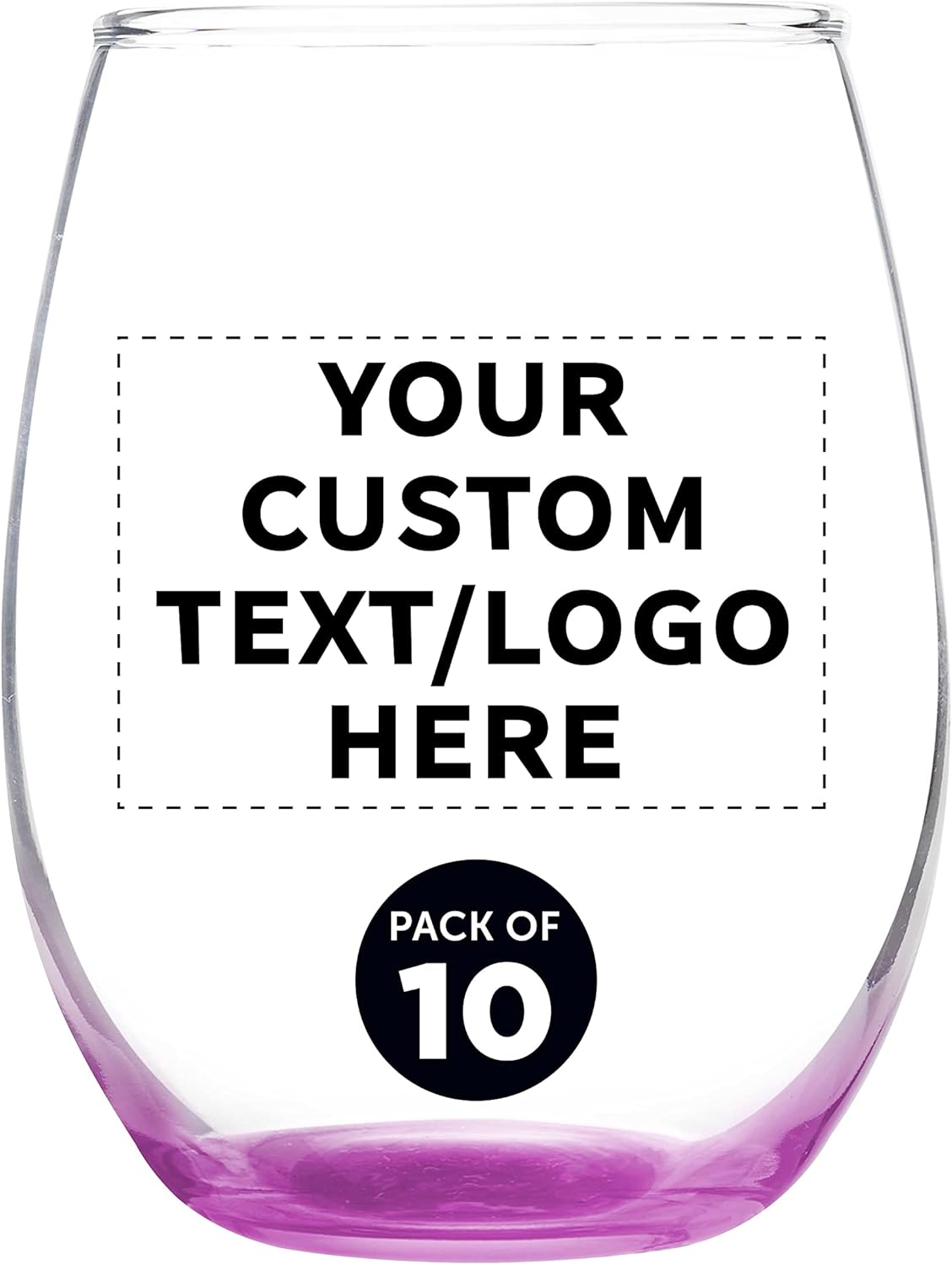 Custom Stemless Wine Glass 9 oz. Set of 10, Personalized Bulk Pack - Great for Wedding Favors, Bachelorette Party Decorations, Party Favors, Color Bottom - Pink