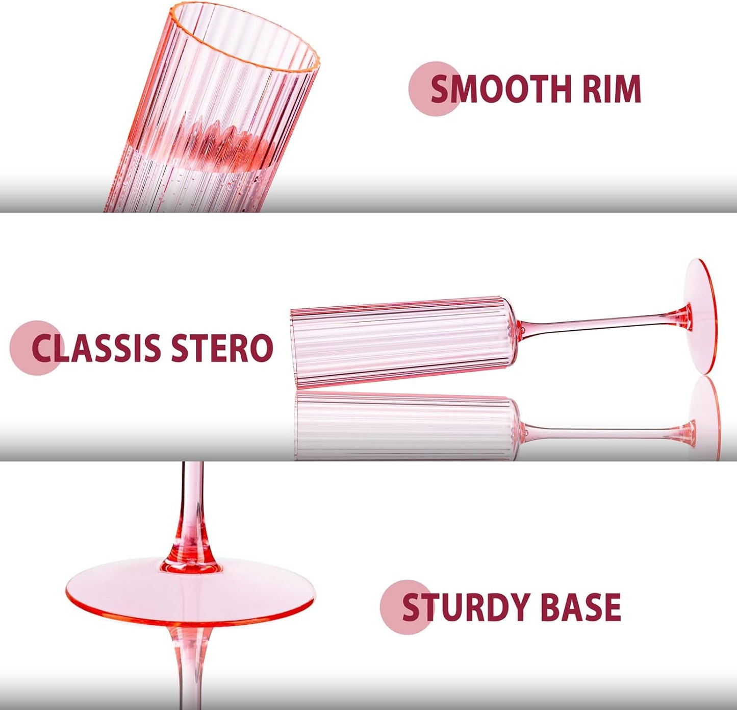 Ciaell 24 Pack Pink Plastic Champagne Flutes - 6oz Ribbed Disposable Champagne Glasses - Pink Vintage Mimosa Glasses with Long Stem, Elegant & Lightweight for Weddings and Party