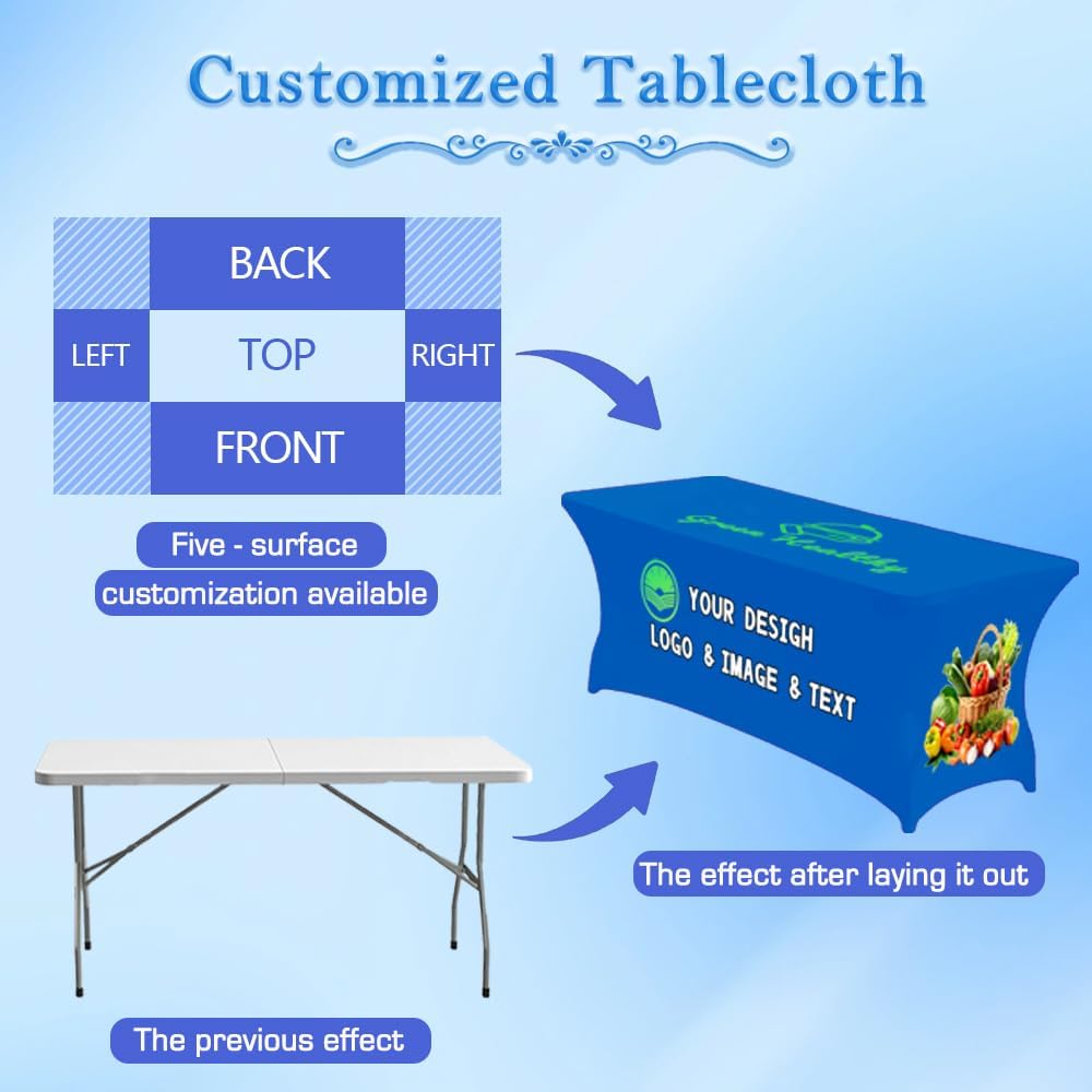 Custom Table Cloth with Business Logo 4FT 5FT 6 FT 8 FT Spandex Customized Table Cover Stretch for Tradeshow Events Birthday Wedding Anniversary Mantel Personalized Table Cloth (8FT)