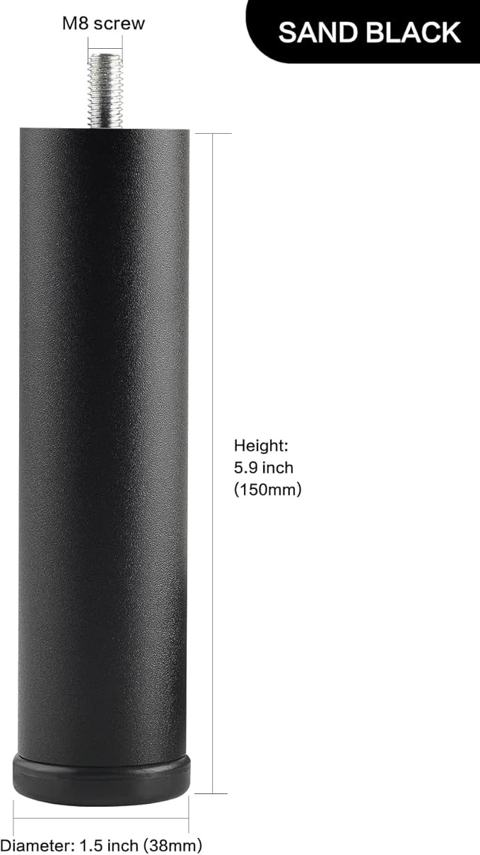 Metal Cylinder Legs for Furniture Set of 4 Pack Black 6 Inch Bed Support Legs - Image 2
