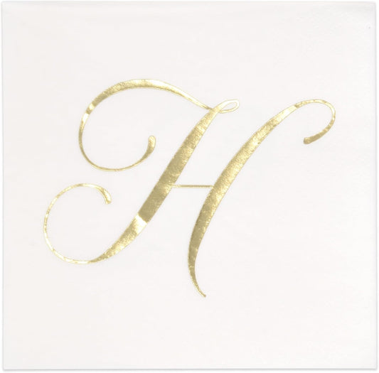 Gift Boutique 100 Gold Monogram Cocktail Napkins Letter H Disposable Paper Pack Elegant Metallic Golden Foil Hand Napkin for Powder Room Wedding Holiday Birthday Party Baby Shower Decorative Towels