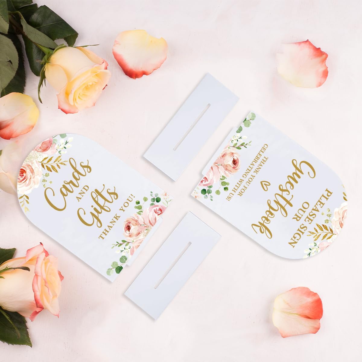 2 Pcs Acrylic Wedding Signs for Reception, Bridal Shower Decorations, Cards and Gifts Signs, Guest Book Sign, Arch Acrylic Table Top Sign with Holder for Wedding Reception (White Pink Flowers)