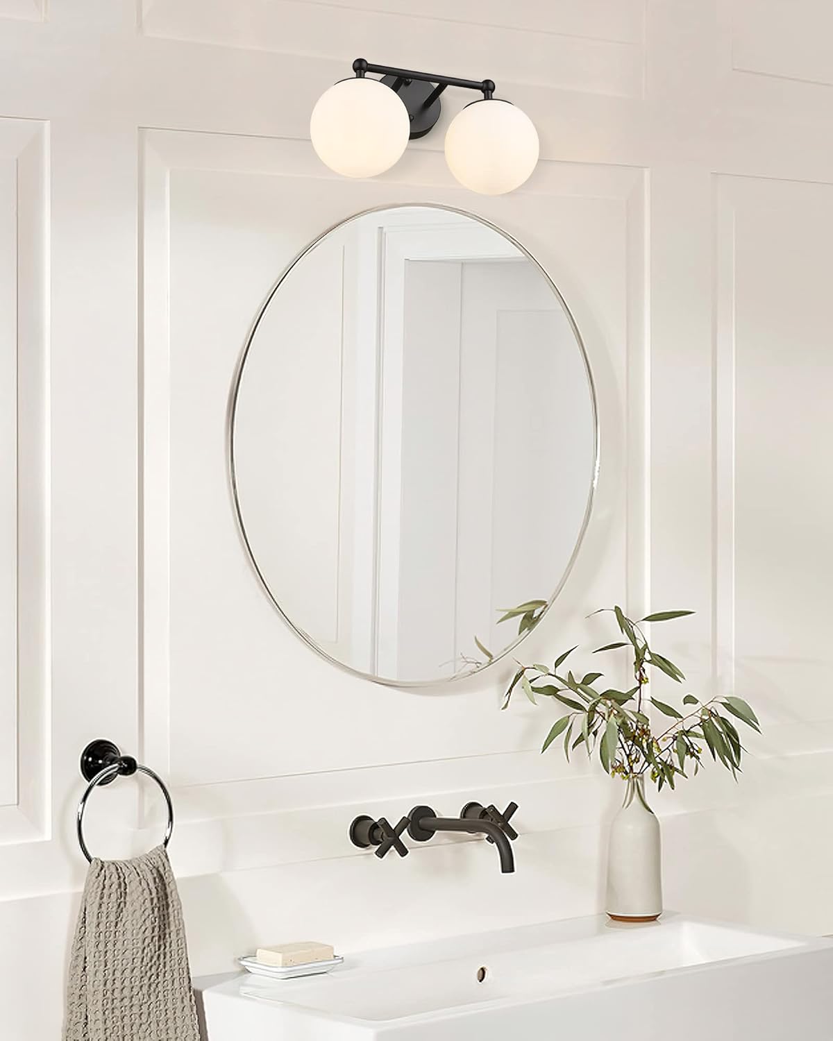 Black Vanity Light, 2 Light Black Modern Bathroom Light Fixtures Over Mirror with White Milk White Globe Glass Shade for Bathroom