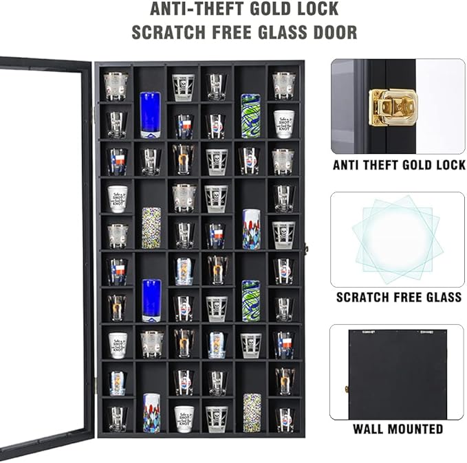 Shot Glass Display Case Large Wooden Cabinet Rack Holder Wall Mounted Black - Image 3