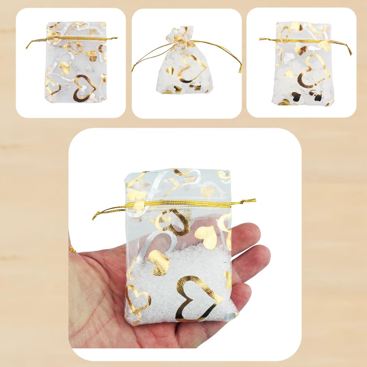 QIANHAILIZZ 100 Pack 2.8 x 3.5 Inch Flower Heart Organza Jewelry Gift Pouch Candy Pouch Drawstring Wedding Favor Bags B511S (white gold heart)