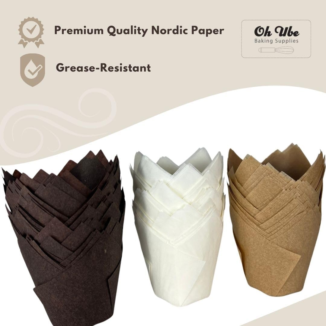 150-Pack Nordic Paper White Tulip Muffin Liners - Odorless, Non-toxic, Grease-Resistant, White Cupcake Baking Cups for Standard Size Muffin Pans for Birthdays, Weddings, Easter