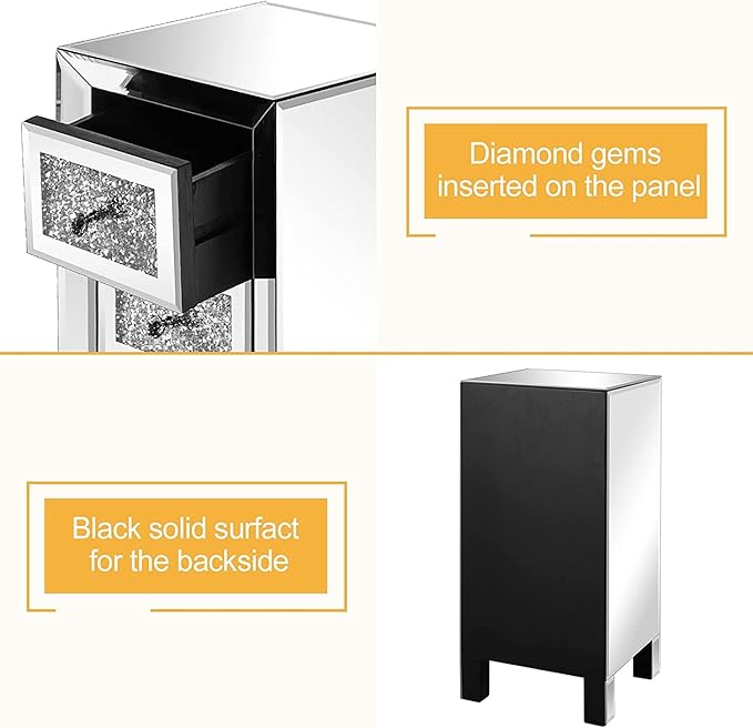 VINGLI 3-Drawer Mirrored Nightstand Bedside Table Modern Night Stands Set of 2 - Image 7