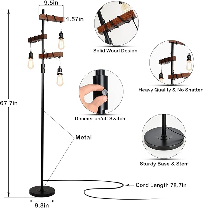 Dimmable Industrial Floor Lamp, Farmhouse Tree Floor Lamp, 68 Inch 3 Lights - Image 3