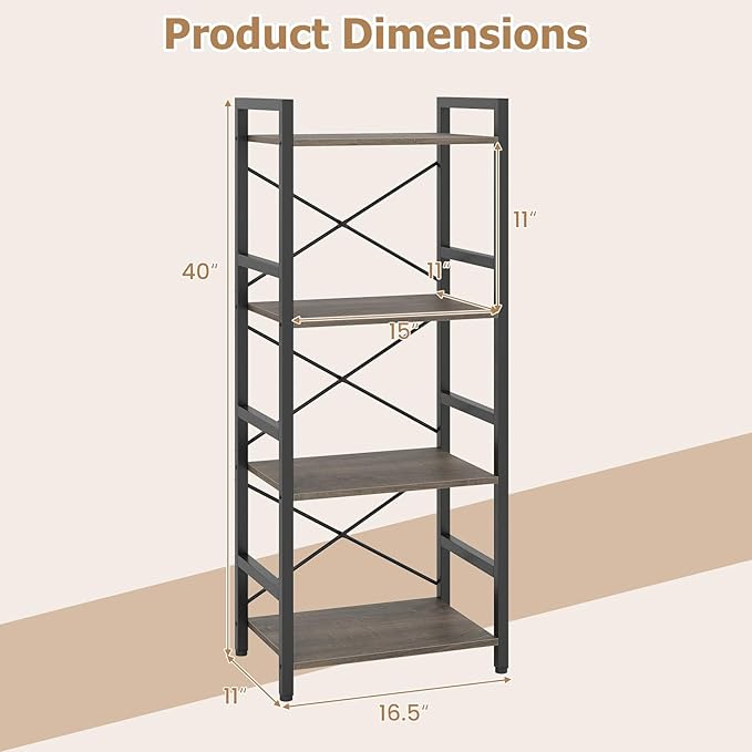 Tangkula 3-Tier Industrial Bookshelf, 16.5" Width Wooden Open Bookcase - Image 3
