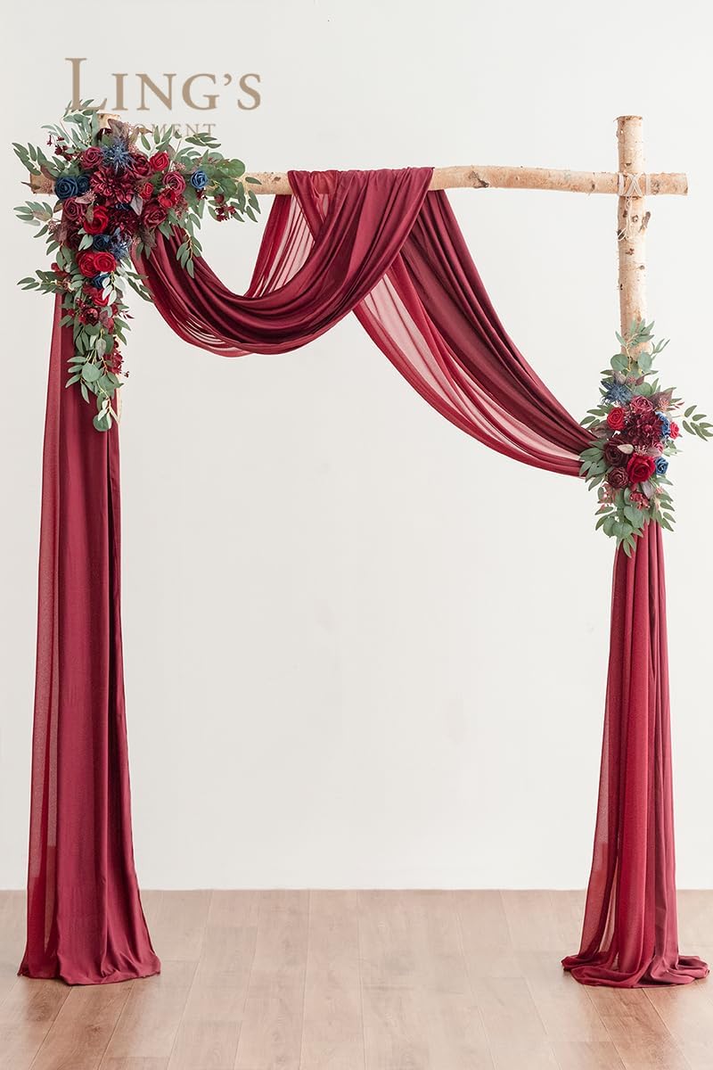 Ling's Moment Burgundy Artificial Wedding Arch Flowers Kit Pack of 4, 2pcs Hanging Flower Arrangement 2pcs Chiffon Drapes Ceremony Reception Fake Rose Arbor Backdrop Floral Party Outdoor Decorations