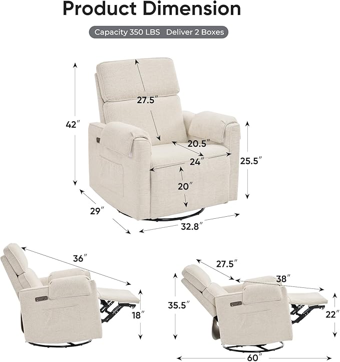 24" Extra Wide Swivel Rocker Recliner Chair - Image 2