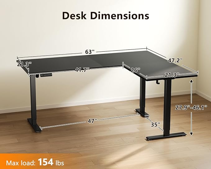 Casaottima 63 Inch Reversible L Shaped Electric Standing Desk, Ergonomic Height - Image 3