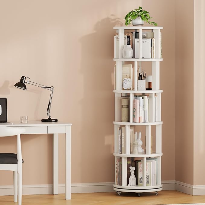 Muwuele Solid Wood Rotating Bookshelf on Wheels, 5 Tier, Round Revolving - Image 9