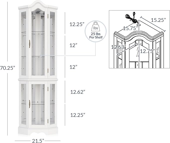 BELLEZE Lighted 3-Side Glass Display Curio Cabinet w/ Tempered Glass Doors and - Image 2