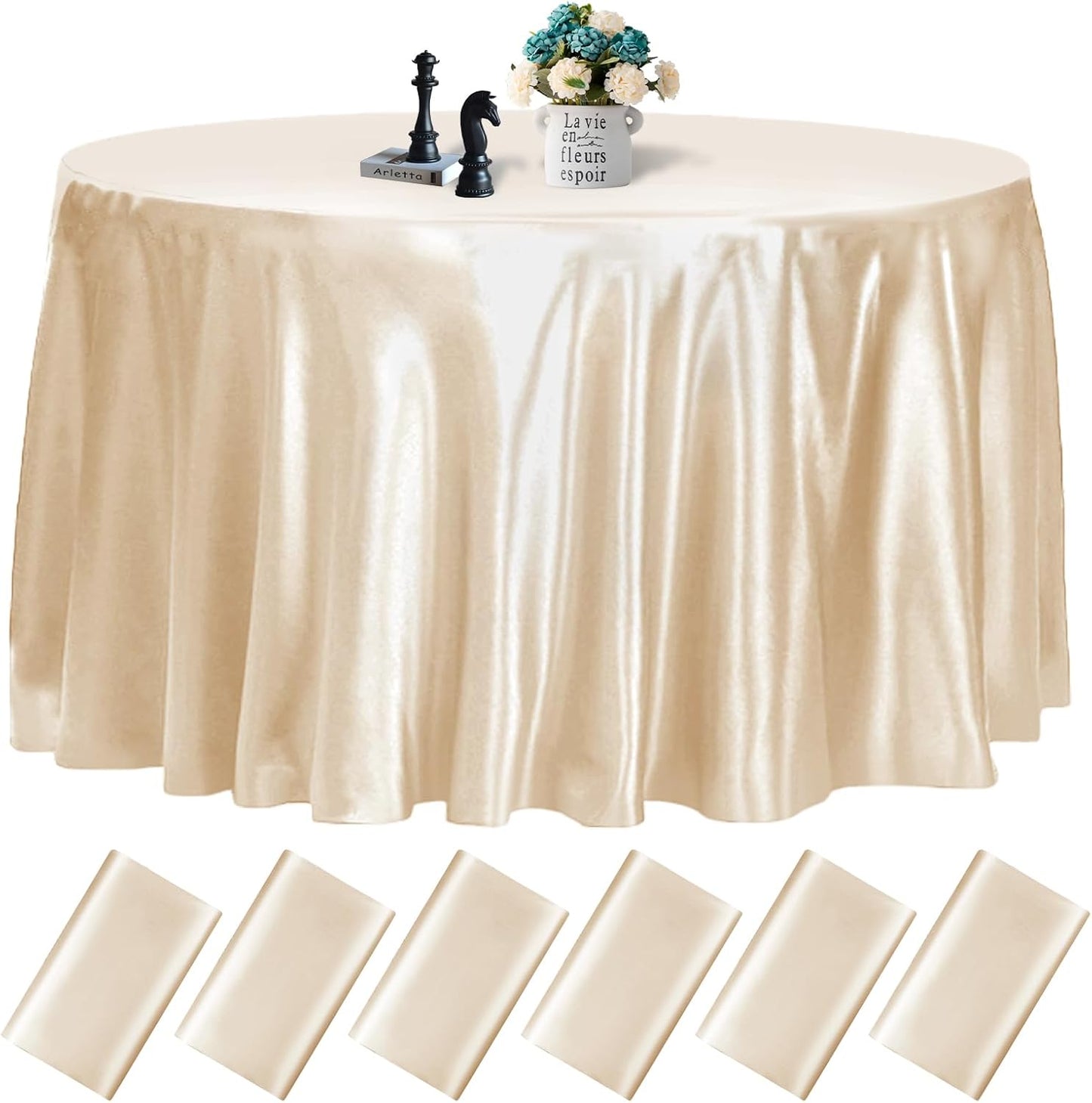 fani 6 Pack 108 Inch Champagne Round Tablecloth - Premium Silky Satin Tablecloth Overlay Smooth Fabric Table Cover Linens, Table Decoration for Wedding Party Banquet Events Restaurant Kitchen Dining