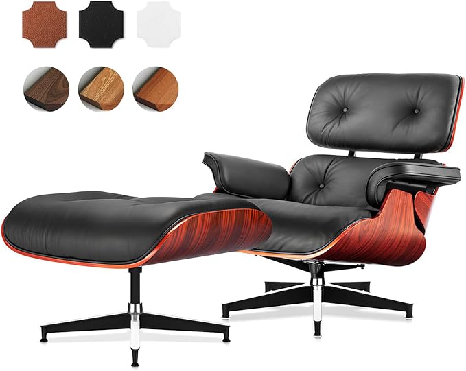 Top Black Grain Leather, Mid Century Chaise Lounge Chair and Ottoman, Modern by MakeHomeBetter