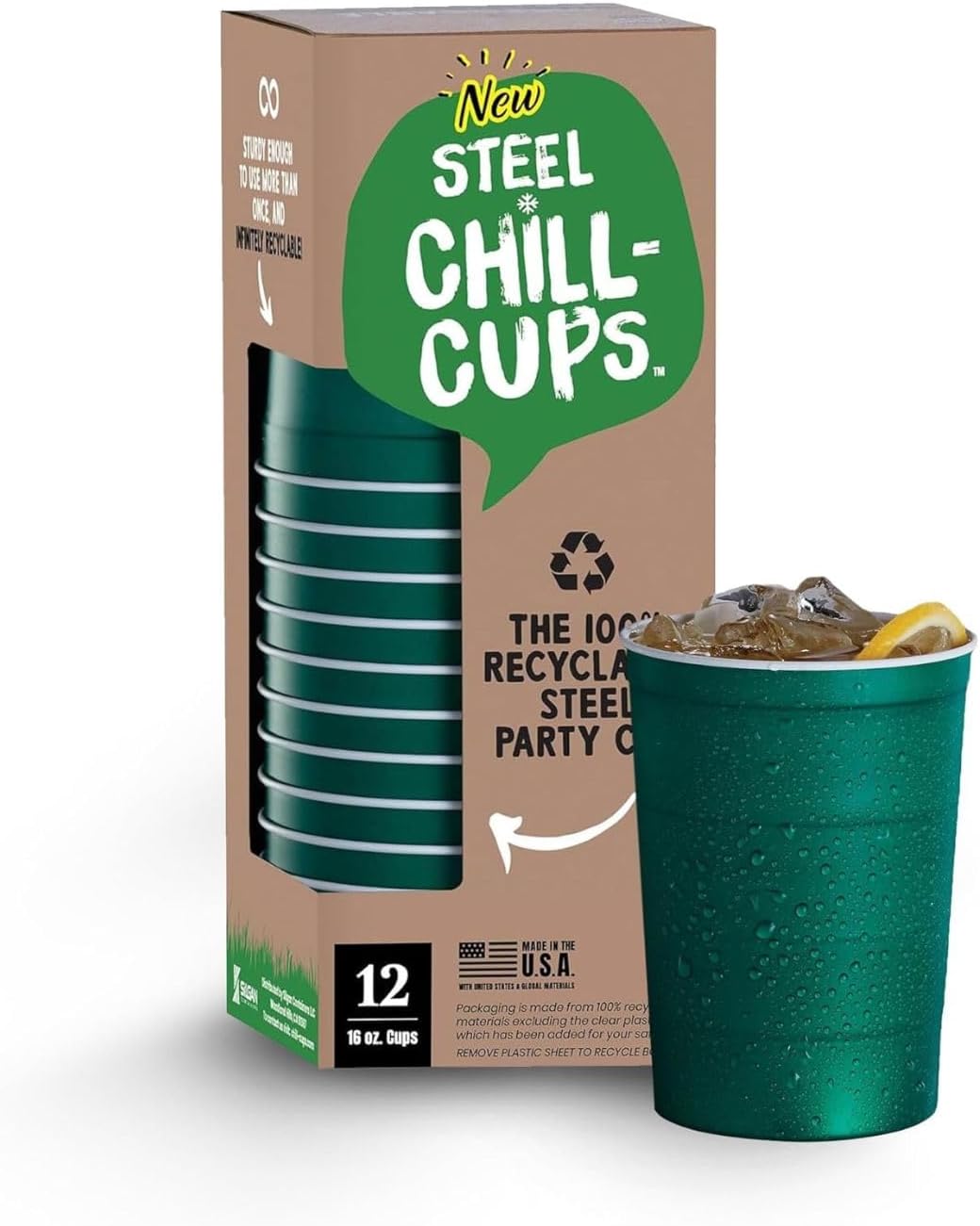 16 oz. Party Cups, Perfect for Cold Drinks, Sturdy & Durable, Disposable and 100% Recyclable, Made in USA, Green, 12 Count