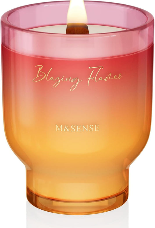 M&SENSE 16.6oz Natural Soy Large Jar Candle with Wooden Wick | Blazing Flames Scent | 95-Hour Burn & Long-Lasting Burn | Housewarming Gift for Men and Women