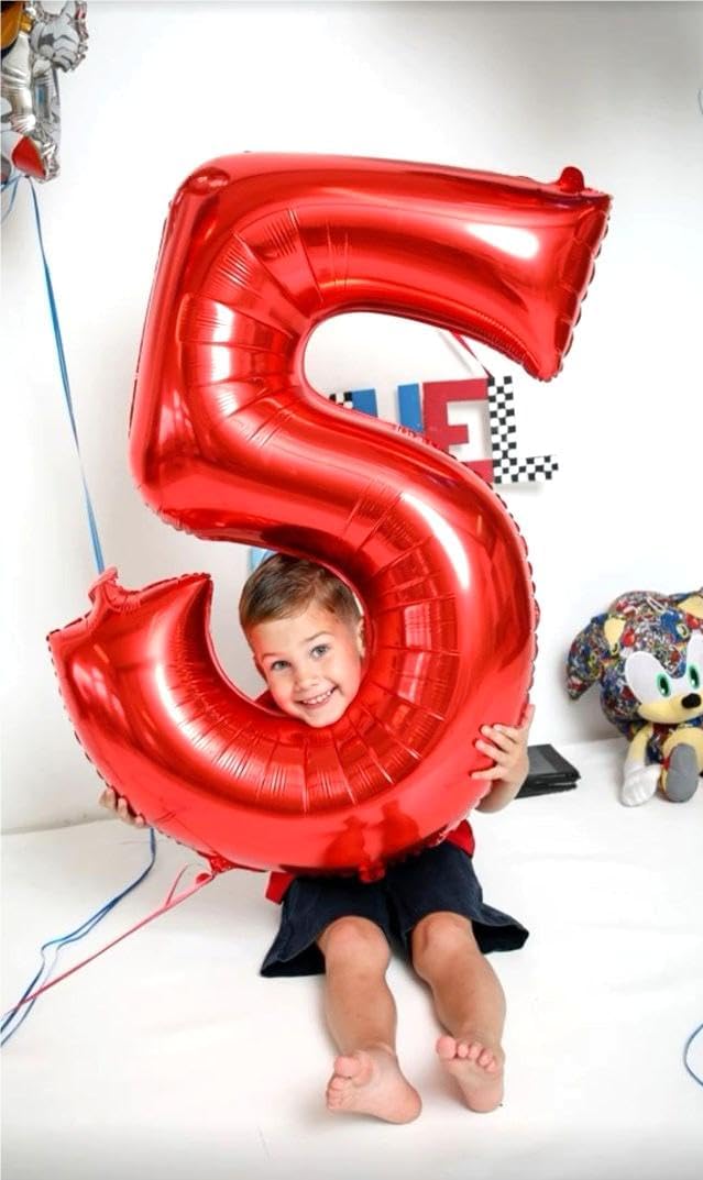 Red 40 Inch Large Number 5 Birthday Balloon, Five 5th 15 25 35 50 55 Birthday Celebration Decorations, Foil 5 Mylar Helium Number 5 Balloons Girl Boy Anniversary Party Supplies