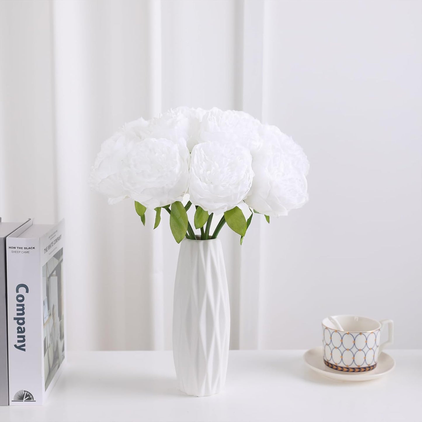 U'Artlines Artificial Peony Silk Flower with Stems 10pcs Real Look Vintage Peonies for Home Wedding Decoration(Pure White)