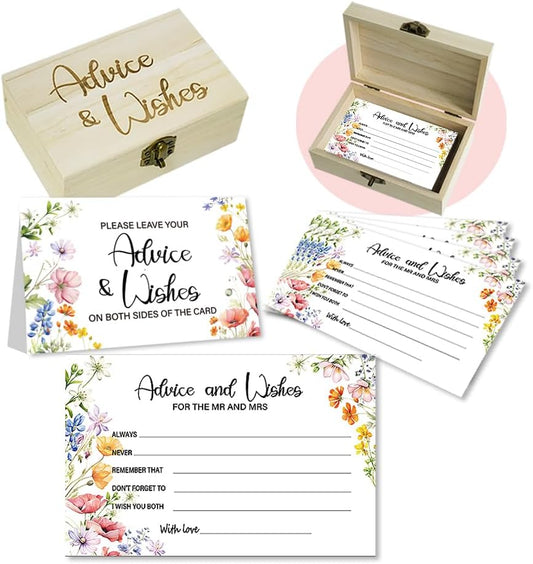 50Pcs Flower Wedding Advice Cards for Bridal Shower Games, Wildflower Advice and Wish Cards Box for The Mr And Mrs Bridal Shower Decorations