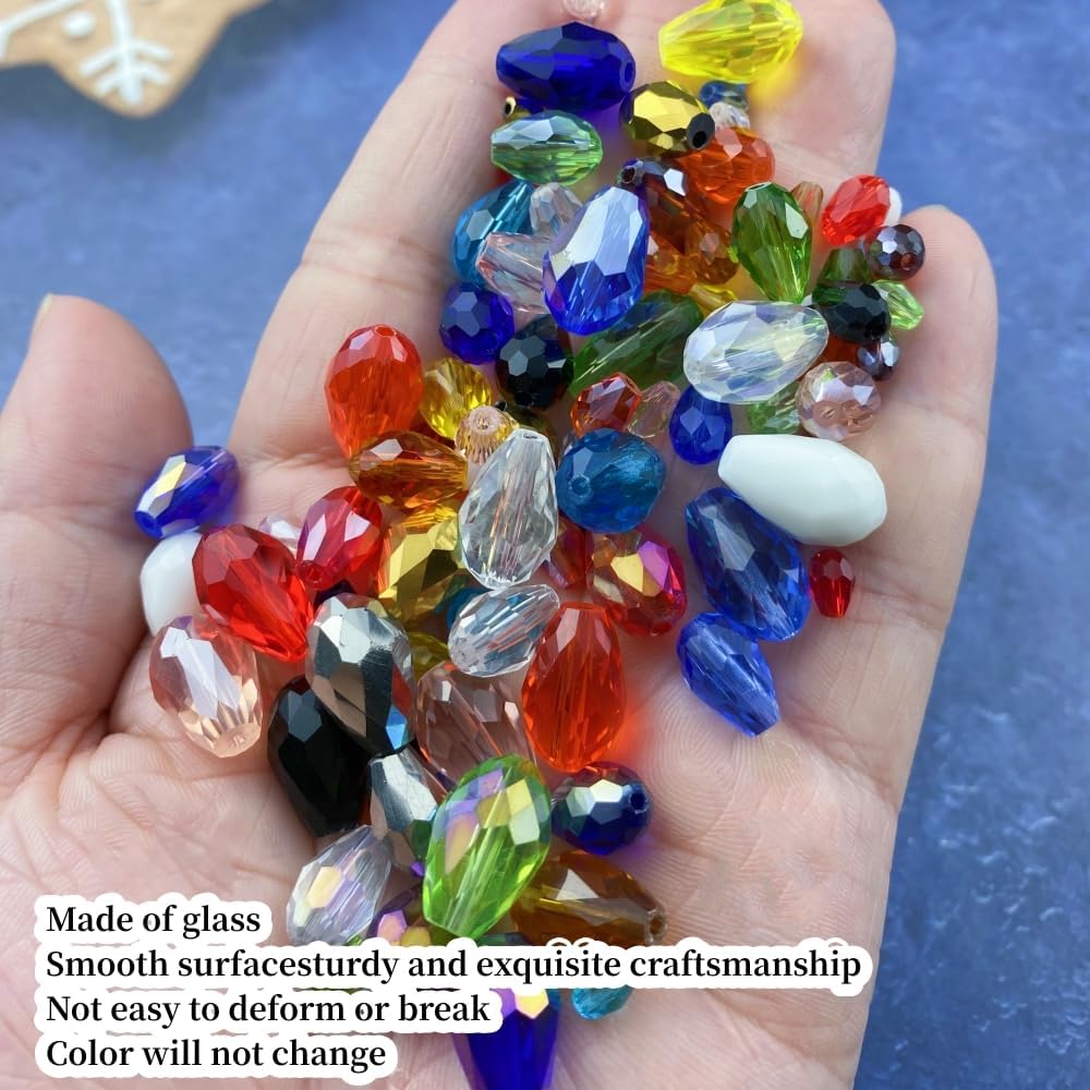 100pcs 8x12mm Teardrop Crystal Glass Beads Vertical Hole Faceted Glass Teardrop Spacer Beads for Bracelets Necklace Earring DIY Jewelry Making Craft(White)