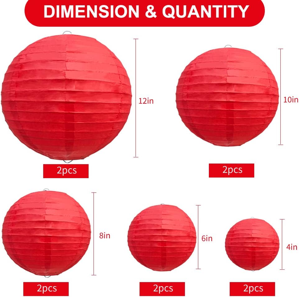 BEISHIDA Red Round Paper Lanterns Decorative Hanging Asia Chinese Japanese Paper Lanterns Lamp for Birthday Wedding Baby Bridal Shower Christmas Home Decor Party Decoration（10 Packs）