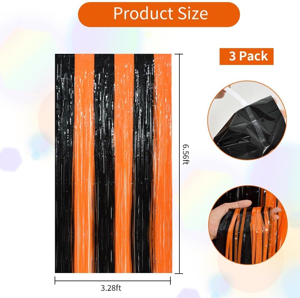 TONIFUL 2Pcs Black Orange Door Streamers,Photo Booth Backdrop Metallic Streamers Foil Fringe Curtains for Birthday,Christmas,New Year,Bachelorette,Halloween Party Streamers Decor(9.9ft x 6.6ft)