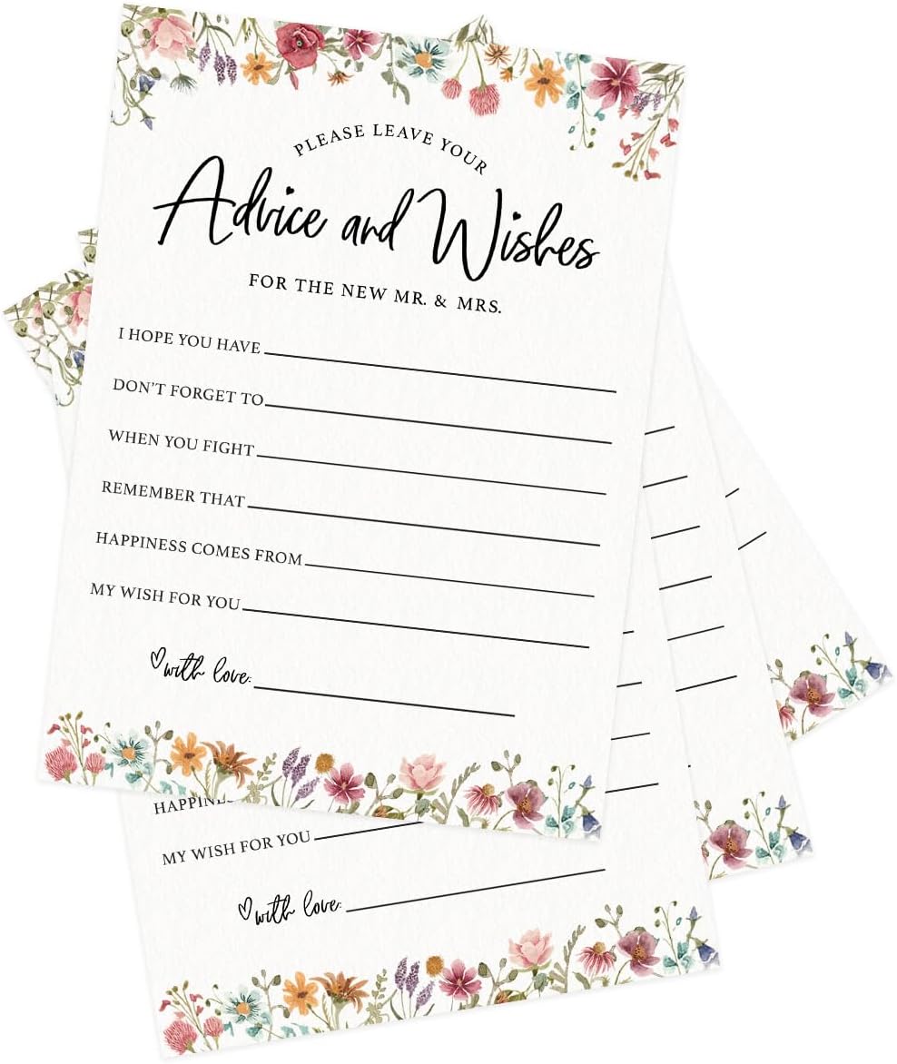 Printed Party Wedding Advice Cards – Wildflower Theme, Bridal Shower Games and Favors for Guests, Love In Bloom Floral Design, 30 Guests