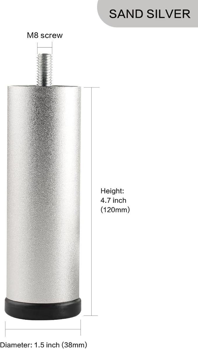 Furniture Support Legs Silver 4.7 Inch Couch Legs Screw in M8 Replacement End - Image 2